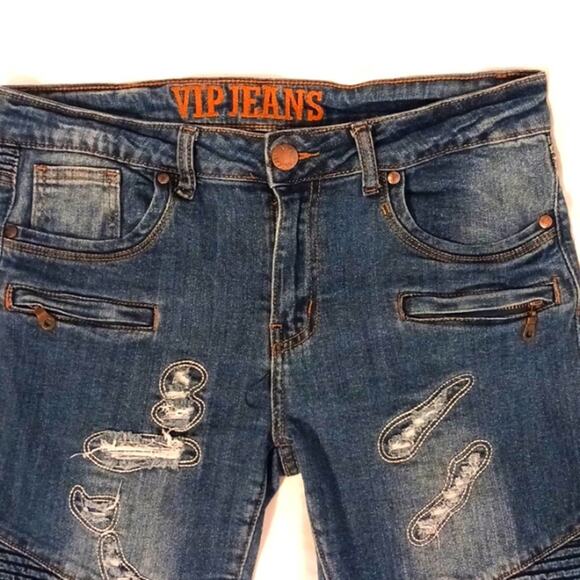VIP Jeans Women Sz 11 12 Blue Fancy Distressed Skinny Fray Boho Hip Hop Designer - Picture 6 of 16